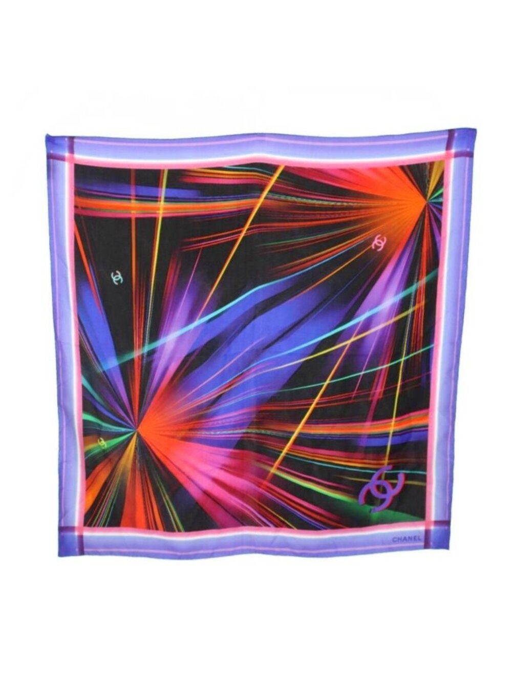 Chanel Scarf CC Logo Geometric Pattern Silk Blue Black YT